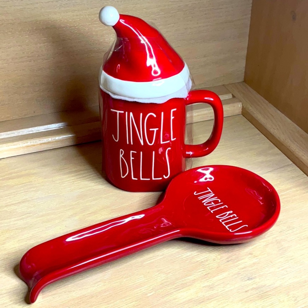 🆕 Rae Dunn JINGLE BELLS Mug with Santa Hat Topper and Spoon Rest Bundle